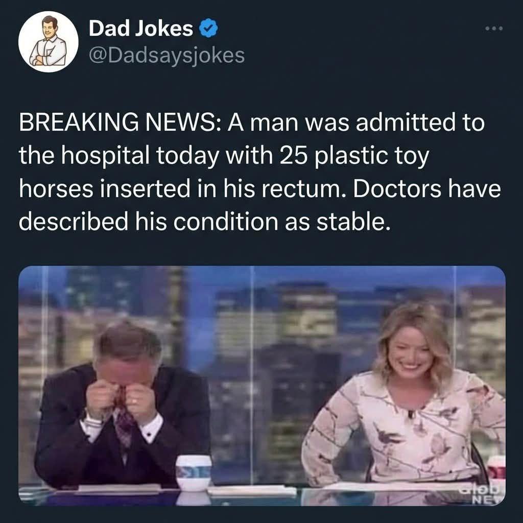 Dad Jokes BREAKING NEWS: A man was admitted to the hospital today with 25 plastic toy horses inserted in his rectum. Doctors have described his condition as stable. “a НЕ