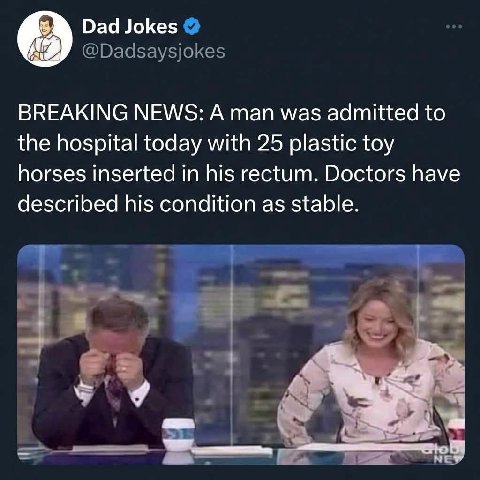 Dad Jokes BREAKING NEWS: A man was admitted to the hospital today with 25 plastic toy horses inserted in his rectum. Doctors have described his condition as stable. “a НЕ