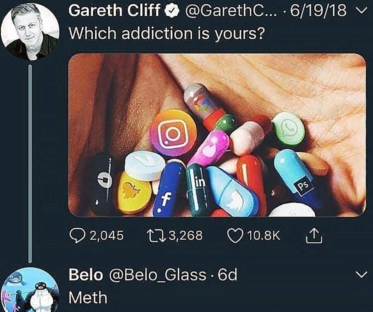 Gareth Cliff @GarethC... -6/19/18 Which addiction 1$ yours? 9% я 113,268 Belo @Belo_Glass У Meth