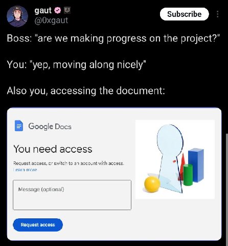 дащ aut Boss: "are we making progress on the project?" You: "yep, moving along nicely" Also you, accessing the document: Google Docs You need access Req access, or switch to an account with access. Le
