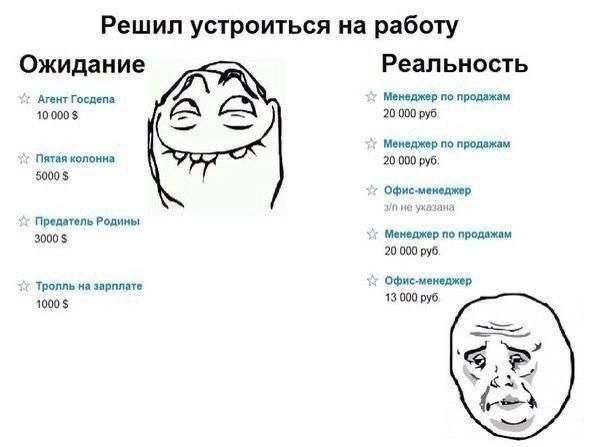 Решил устроиться на работу Ожидание Реальность Агент Госдепа менеджер по продажам 10000$ 20 000 руб Менеджер no продажам Пятая колонна 20 000 руб; 5000 Офис-менеджер не ухазана Предатель Родины 3000$ 
