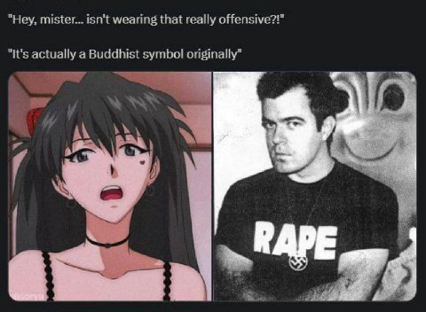 "Hey, mister... isn't wearing that really offensive?!" "It's actually a Buddhist symbol originally" РАРЕ