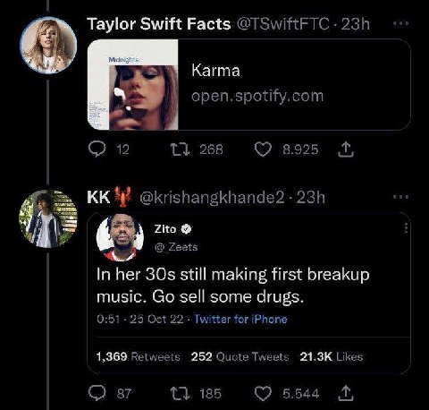 Taylor Swift Facts 4 Karma У open.spotify.com 12 268 8.925 @krishangkhande2 Zito AS Zeets In her still making first breakup music. sell some drugs. 0:51 25 Oct 22 Twitter for iPhone 1,369 Retweets 252
