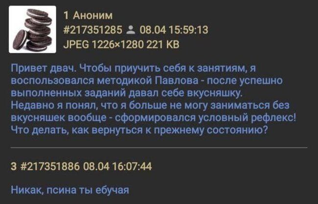 1 Аноним #217351285 08.04 15:59:13 JPEG 221 Привет двач. Чтобы приучить себя к занятиям, A воспользовался методикой Павлова после успешно выполненных заданий давал себе вкусняшку. Недавно я понял, что
