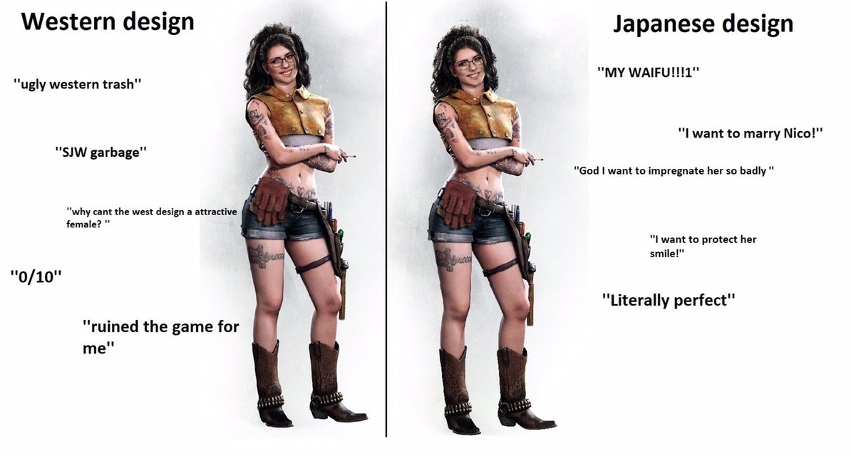 Western design Japanese design —4 “MY “ugly western trash" want to marry Nico!" garbage" "God want to impregnate her so badly “why cant the west design a attractive female? want to protect her smile!"