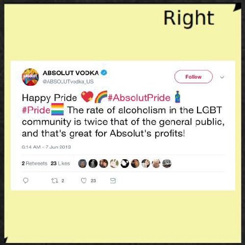 Right ABSOLUT VODKA Happy Pride The rate of alcoholism in the LGBT community is twice that of the general public, and that's great for Absolut's profits! 2 23