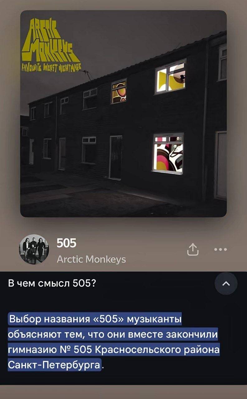 505 мы рее Arctic Monkeys В чем смысл 505? Выбор названия «505» музыканты объясняют тем, что они вместе закончили гимназию 505 Красносельского раиона Санкт-Петербурга