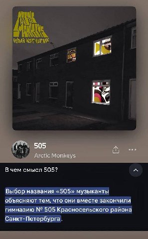 505 мы рее Arctic Monkeys В чем смысл 505? Выбор названия «505» музыканты объясняют тем, что они вместе закончили гимназию 505 Красносельского раиона Санкт-Петербурга
