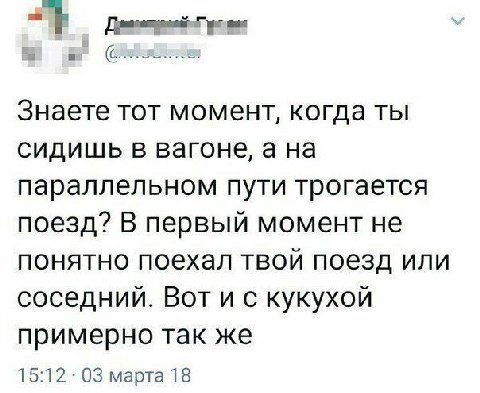 Знаете тот момент, когда ты сидишь в вагоне, а на параллельном пути трогается поезд? В первый момент не понятно поехал твой поезд или соседний. Вот и с кукухой примерно так же 15:12 03 марта 18