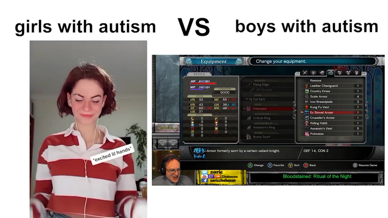 girls with autism VS —Боу$ with autism я $93. Armor formerly worn by a certain valiant knight. DEF 14, CON 2 | Change Favorite (Y) sort (@) wack © Resume Game