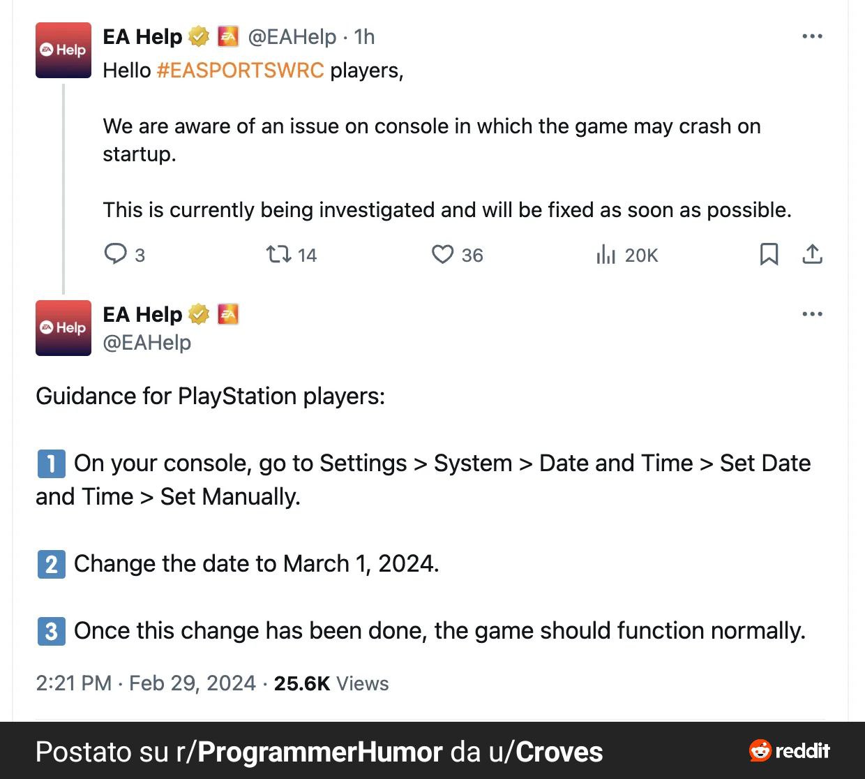 Help @EAHelp Hello players, We are aware of an issue on console in which the game may crash on startup. This is currently being investigated and will be fixed as soon as possible. 11 14 36 A @ЕАНер Gu