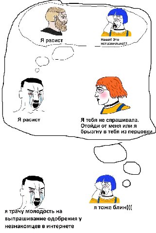 Я расист Нееет! Это неправильно!!! Я расист Я тебя не спрашивала. Отойди от меня или я брызгну в тебя из перцовки У я тоже блин((( я трачу молодость на выпрашивание одобрения у незнакомцев в интернете