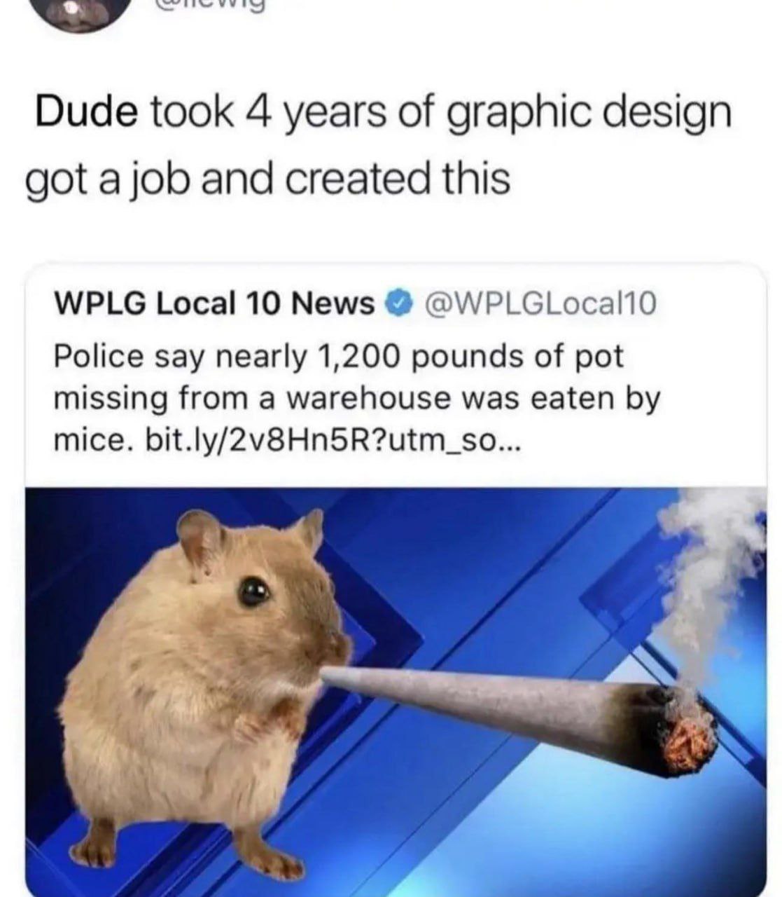 Dude took 4 years of graphic design got a job and created this WPLG Local 10 News @WPLGLocal10 Police say nearly 1,200 pounds of pot missing from a warehouse was eaten mice. bit.ly/2v8Hn5R?utm_so... 4