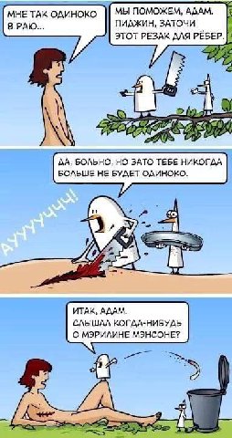 МЫ ПОМОЖЕМ, АДАМ. МНЕ ТАК ОДИНОКО ВРАЮ... ПИДЖИН, ЗАТОЧИ ЭТОТ РЕЗАК ДЛЯ РЁБЕР. $7 ДА, БОЛЬНО, НО ЗАТО ТЕБЕ НИКОГДА БОЛЬШЕ НЕ БУДЕТ ОДИНОКО. ИТАК, ALAM. СЛЫШАЛ КОГДА-НИБУДЬ О МЭРИЛИНЕ МЭНСОНЕ? ДА A\