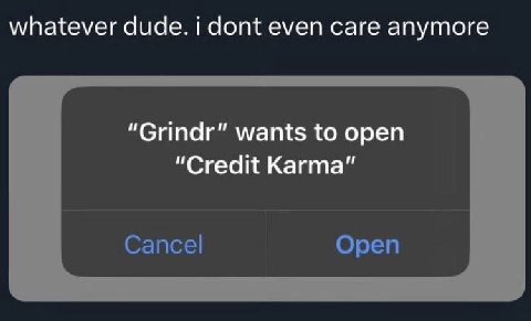 whatever dude. i dont even саге anymore “Grindr” wants to open “Credit Karma” Cancel Open