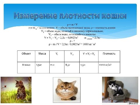 Измерение плотности кошки где масса кошки; У объем вытесненной воды, плотность кошки. У, объем воды, налитый в ванночку первоначально У, объем воды, оставшийся в -У, 2 p=m/V= 1000 А a