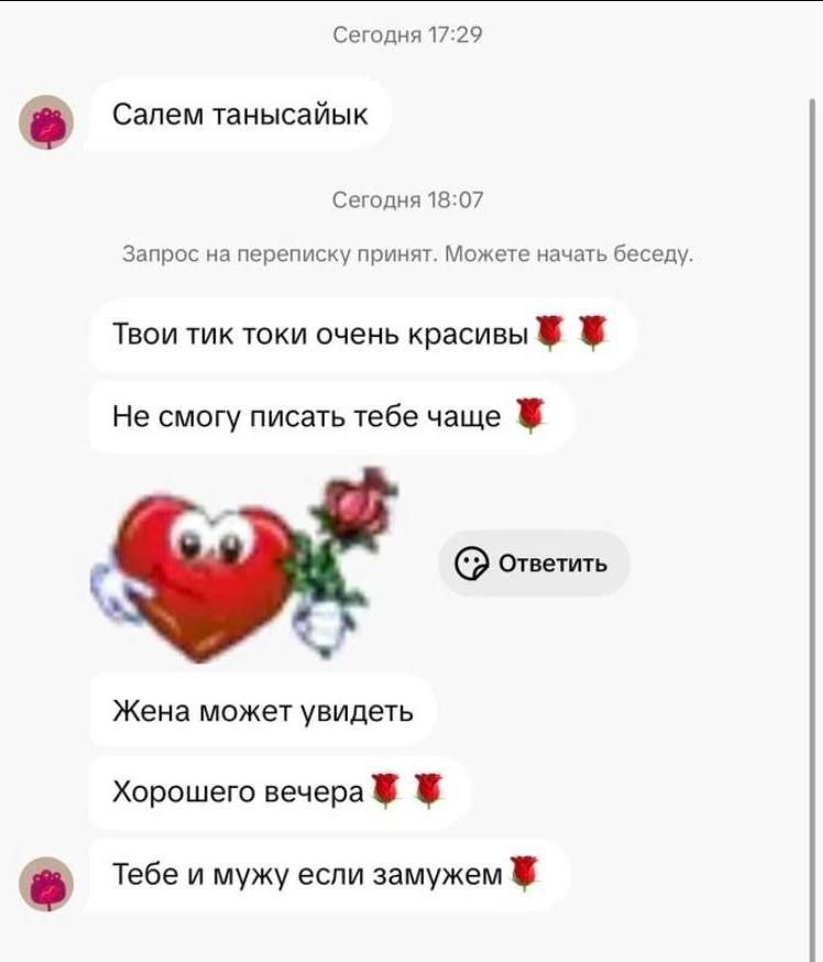 Сегодня 17:29 6 Салем танысайык Сегодня 18:07 Запрос на переписку принят. Можете начать беседу Твои тик токи очень красивы Не смогу писать тебе чаще Ответить Жена может увидеть Хорошего вечера Тебе и 