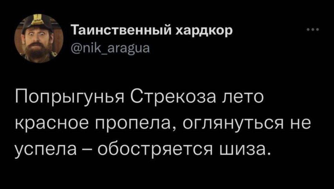 Таинственный хардкор @nik_aragua Попрыгунья Стрекоза лето красное пропела, оглянуться не успела обостряется шиза.