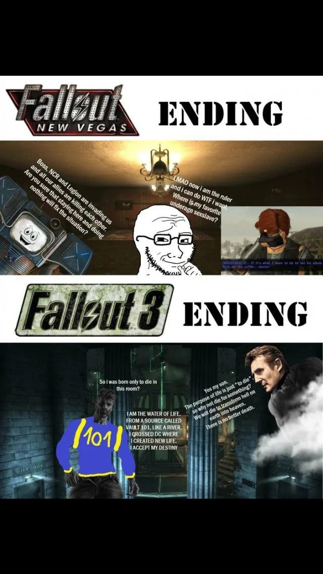 Fallout 3 > NV
and only redeeming quality of New Vegas is TTW which adds entire Fallout 3