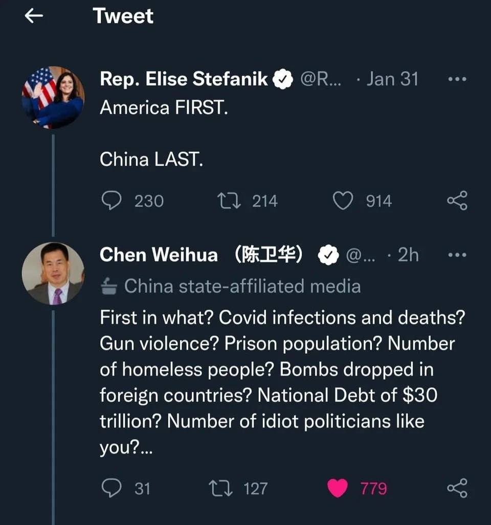 Tweet Rep. Elise Stefanik America FIRST. China LAST. Chen Weihua #7 First in what? Сома infections and deaths? Gun violence? Prison population? Number of homeless people? Bombs dropped in foreign coun