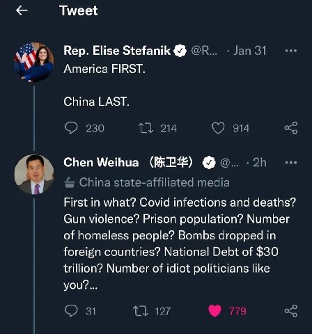 Tweet Rep. Elise Stefanik America FIRST. China LAST. Chen Weihua #7 First in what? Сома infections and deaths? Gun violence? Prison population? Number of homeless people? Bombs dropped in foreign coun