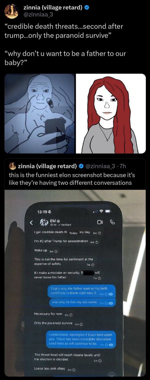 zinnia (village retard) 3 “credible death threats...second after trump...only the paranoid survive” “why don’t want to be a father to our baby?” у 4 zinnia (village retard) @zinniaa 3 this is the funn