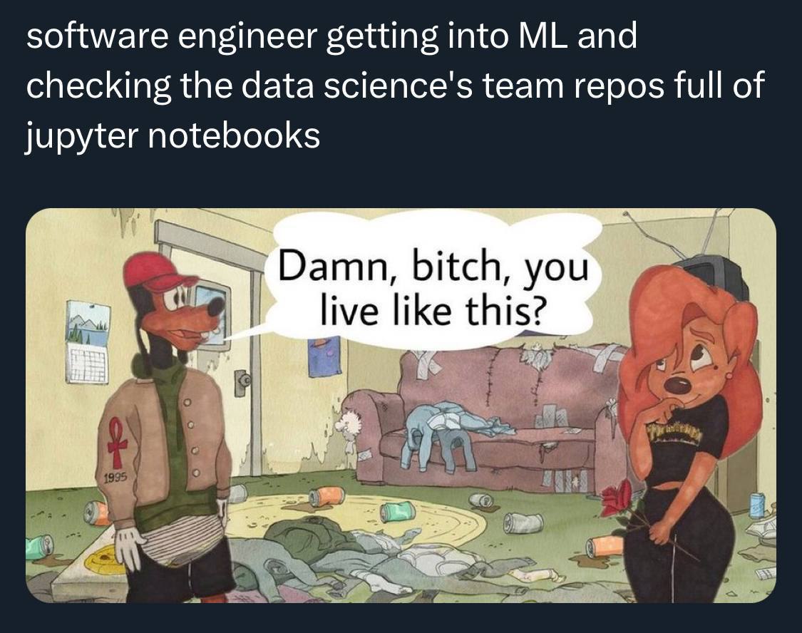 software engineer getting into and checking the data science's team repos full of jupyter notebooks Damn, bitch, like