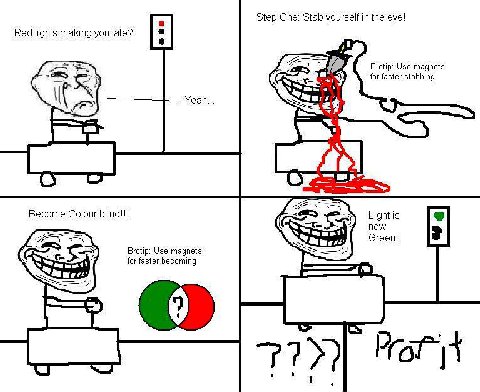 Step One: Stab yourself the eye! Red lights making you late? В Brotip: Use magnets for faster stabbing к: Yeah... #9 Colour blind!!! Light i ecome Colour blindl!! ight is now Green! Use magnets 55 for