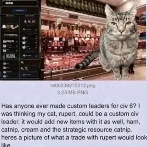 4 Bia Has anyone ever made custom leaders for civ 6? was thinking my cat, rupert, could be a custom civ leader. it would add new items with it as well, ham, catnip, cream and the strategic resource ca