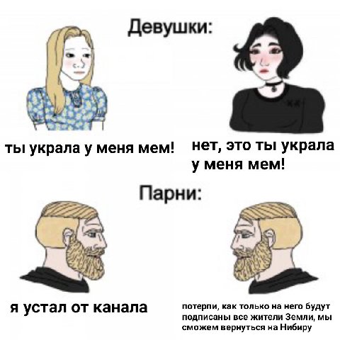 Девушки: ты украла у меня Mem! HET, это ты украла у меня мем! Парни: me A устал канала потерпи, как только на него будут подписаны все жители Земли, МЫ сможем вернуться на Нибиру