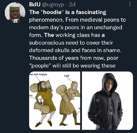 BdU The "hoodie" is a fascinating phenomenon. From medieval peons to modern day's poors in an unchanged form. The working class has a subconscious need to cover their deformed skulls and faces in sham