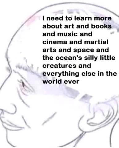 i need to learn more about art and books and music and cinema and martial arts and space and the ocean's silly little creatures and everything else in the у world ever