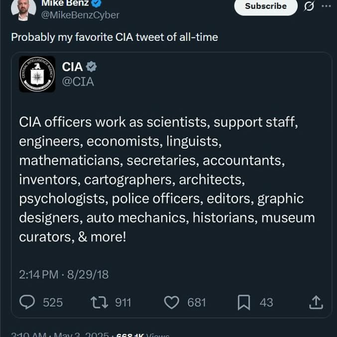 64 мтке Probably my favorite CIA tweet of all-time CIA CIA officers work as scientists, support staff, engineers, economists, linguists, mathematicians, secretaries, accountants, inventors, cartograph