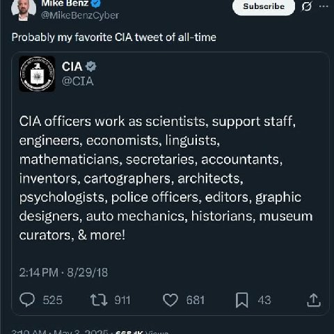 64 мтке Probably my favorite CIA tweet of all-time CIA CIA officers work as scientists, support staff, engineers, economists, linguists, mathematicians, secretaries, accountants, inventors, cartograph