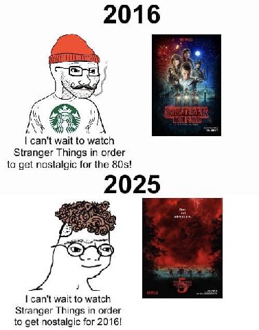2016 4 can't wait to watch Stranger Things in order to get nostalgic for the 2025 Cas can't wait to watch Stranger Things in order to get nostalgic for 2016!