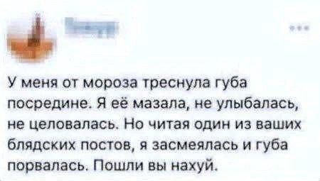 У меня от мороза треснула губа посредине. Я её мазала, не улыбалась, не целовалась. Но читая один из ваших блядских постов, я засмеялась и губа порвалась. Пошли вы нахуй.