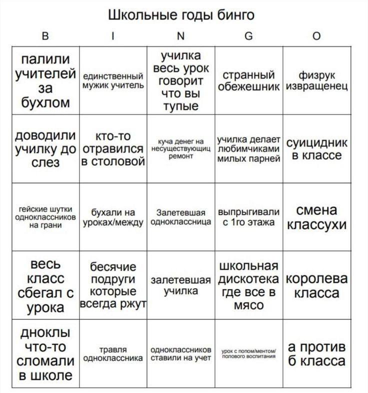 Школьные годы бинго С училка палили учителей единственный весь урок странный физрук мужик учитель говорит обежешник извращенец за что ВЫ бухлом тупые кто-то несуществующиц куча денег на училка делает 