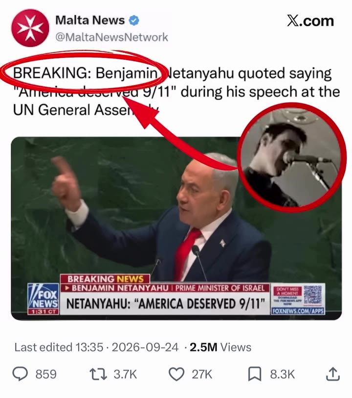 CBREAKING: Benjaminletanyahu quoted saying "Attereereeserved 9/11" during his speech at the revs NETANYAHU: “AMERICA DESERVED 9/11” =e GA мака Мемз © X.com