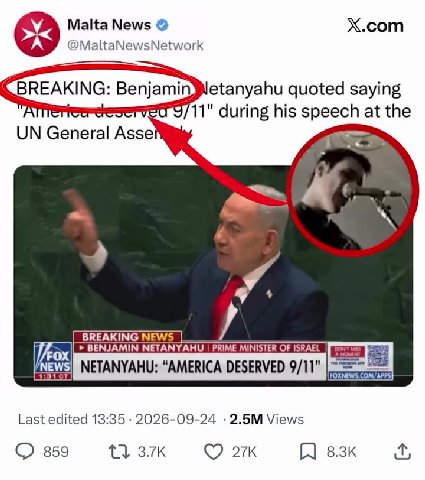 CBREAKING: Benjaminletanyahu quoted saying "Attereereeserved 9/11" during his speech at the revs NETANYAHU: “AMERICA DESERVED 9/11” =e GA мака Мемз © X.com