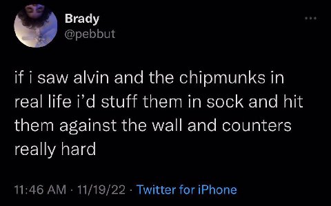 Brady @pebbut if i saw alvin and the chipmunks in real life stuff them in sock and hit them against the wall and counters really hard 11:46 11/19/22 Twitter for iPhone