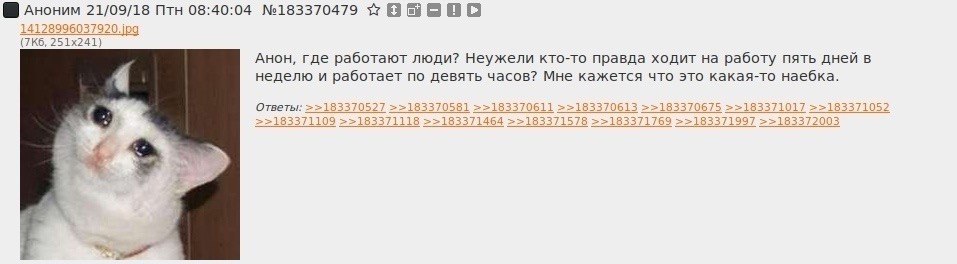 21/09/18 Птн 08:40:04 №183370479 Анон, где работают люди? Неужели кто-то правда ходит на работу пять дней в неделю и работает по девять часов? Мне кажется что это какая-то наебка. Ответы: >>183370527 