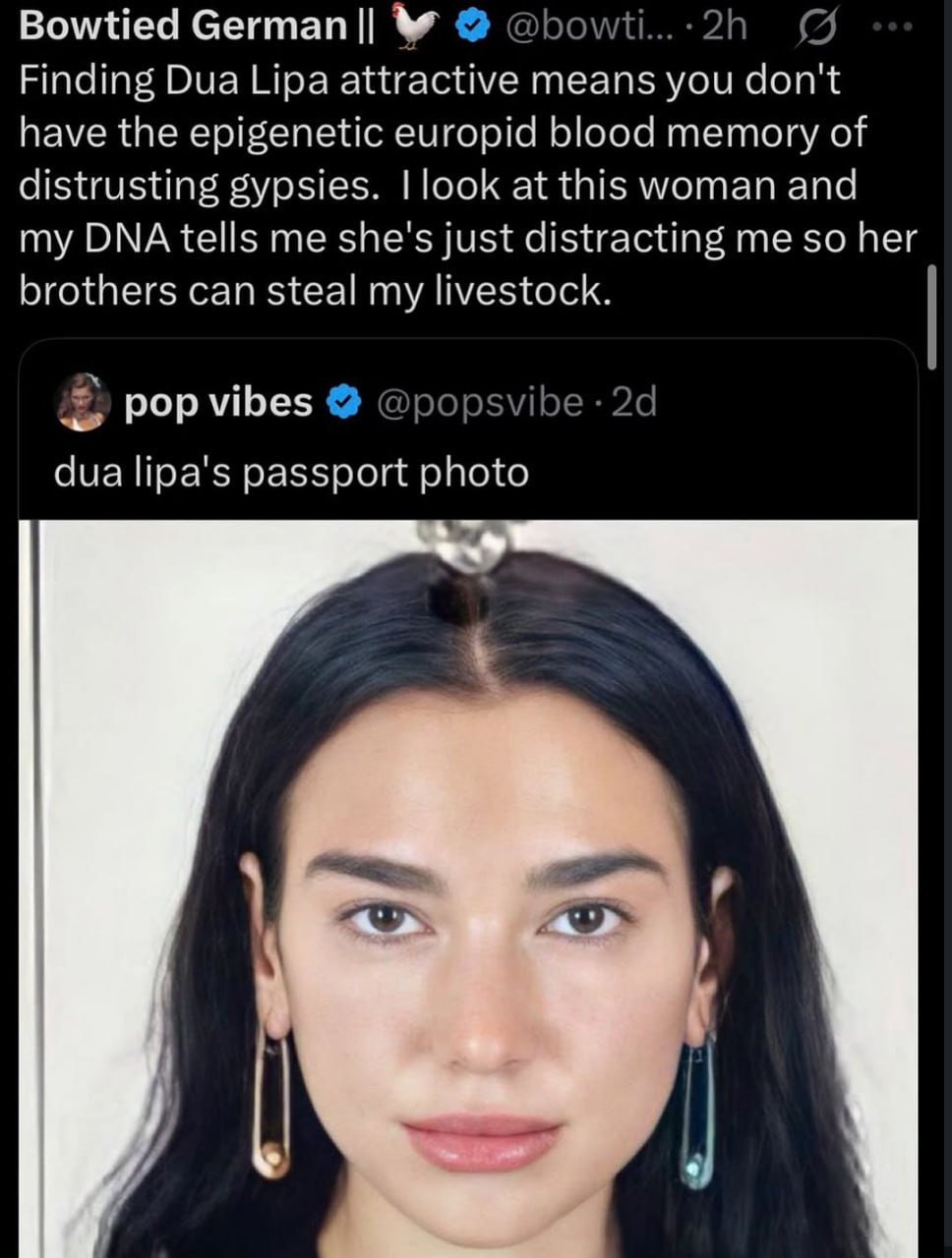 Bowtied Сегтап Finding Dua Lipa attractive means you don't have the epigenetic europid blood memory of distrusting gypsies. look at this woman and my DNA tells me she's just distracting me so her brot