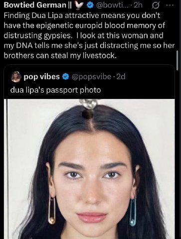 Bowtied Сегтап Finding Dua Lipa attractive means you don't have the epigenetic europid blood memory of distrusting gypsies. look at this woman and my DNA tells me she's just distracting me so her brot