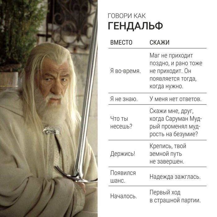 ГОВОРИ КАК ГЕНДАЛЬФ ВМЕСТО СКАЖИ Маг не приходит поздно, и рано тоже Я во-время. не приходит. Он появляется тогда, когда нужно. Я не знаю У меня нет ответов Скажи мне, друг, Что ты когда Саруман Муд н