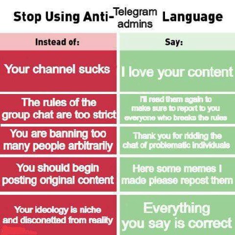 Telegram Stop Using Anti Language Instead of: Say: Your channel sucks The rules of the group chat are too strict You are banning too many people arbitrarily You should begin posting original content a