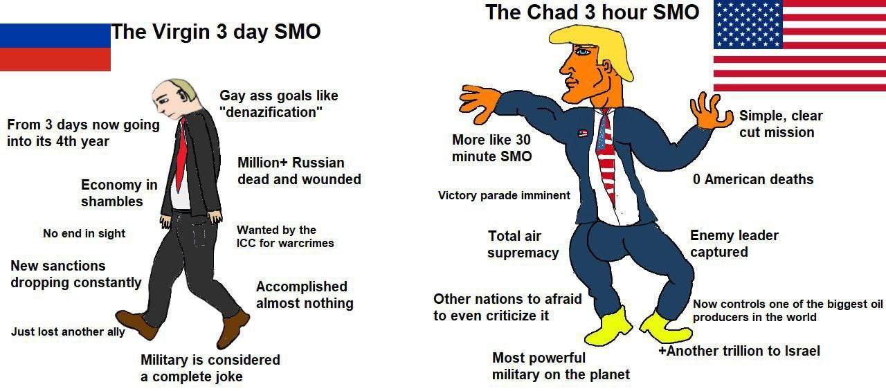 The Chad 3 hour SMO Virgin 3 day SMO Gay ass goals like 4 “denazification 75 Simple, clear From 3 days now going cut mission into its year More like 30 minute SMO Million+ Russian dead and wounded 0 A