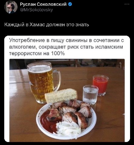Руслан Соколовский Каждый в Хамас должен это знать Употребление в пищу свинины в сочетании с алкоголем, сокращает риск стать исламским террористом на 100% Я 1