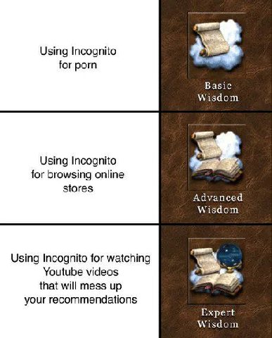 Using Incognito for porn Basic Wisdom Using Incognito for browsing online stores Advanced Wisdom Using Incognito for watching Youtube videos that will mess up your recommendations Expert Wisdom
