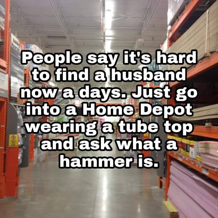 1 say. It's. hard ‘to.find a husband to. ом/-а- Just 50 Into а Home. ‘Depot wearing: a tube top andiask ‘what hammer 1$.