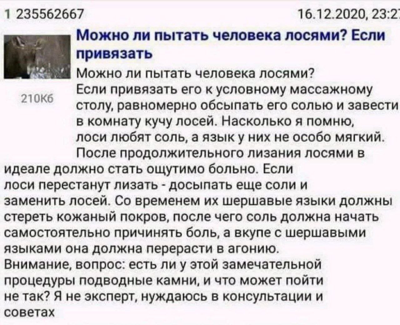 1 235562667 16.12.2020, 23:2 Можно ли пытать человека лосями? Если привязать Можно ли пытать человека лосями? Если привязать его к условному массажному столу, равномерно обсыпать его солью и завести в